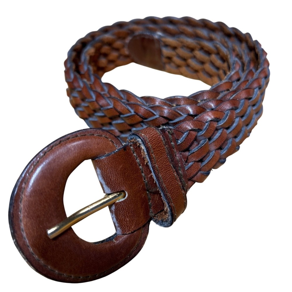 Covered Round Buckle Braided Leather Belt Cognac Brown Size L (up to 36") - Picture 4 of 7